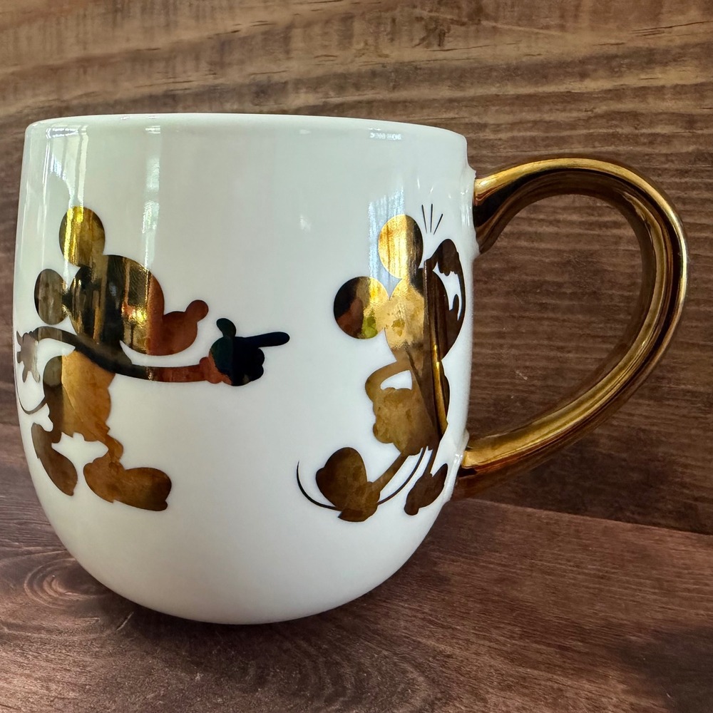 Disney Mickey Mouse Gold Silhouette Porcelain Coffee Mug White Gold Handle
